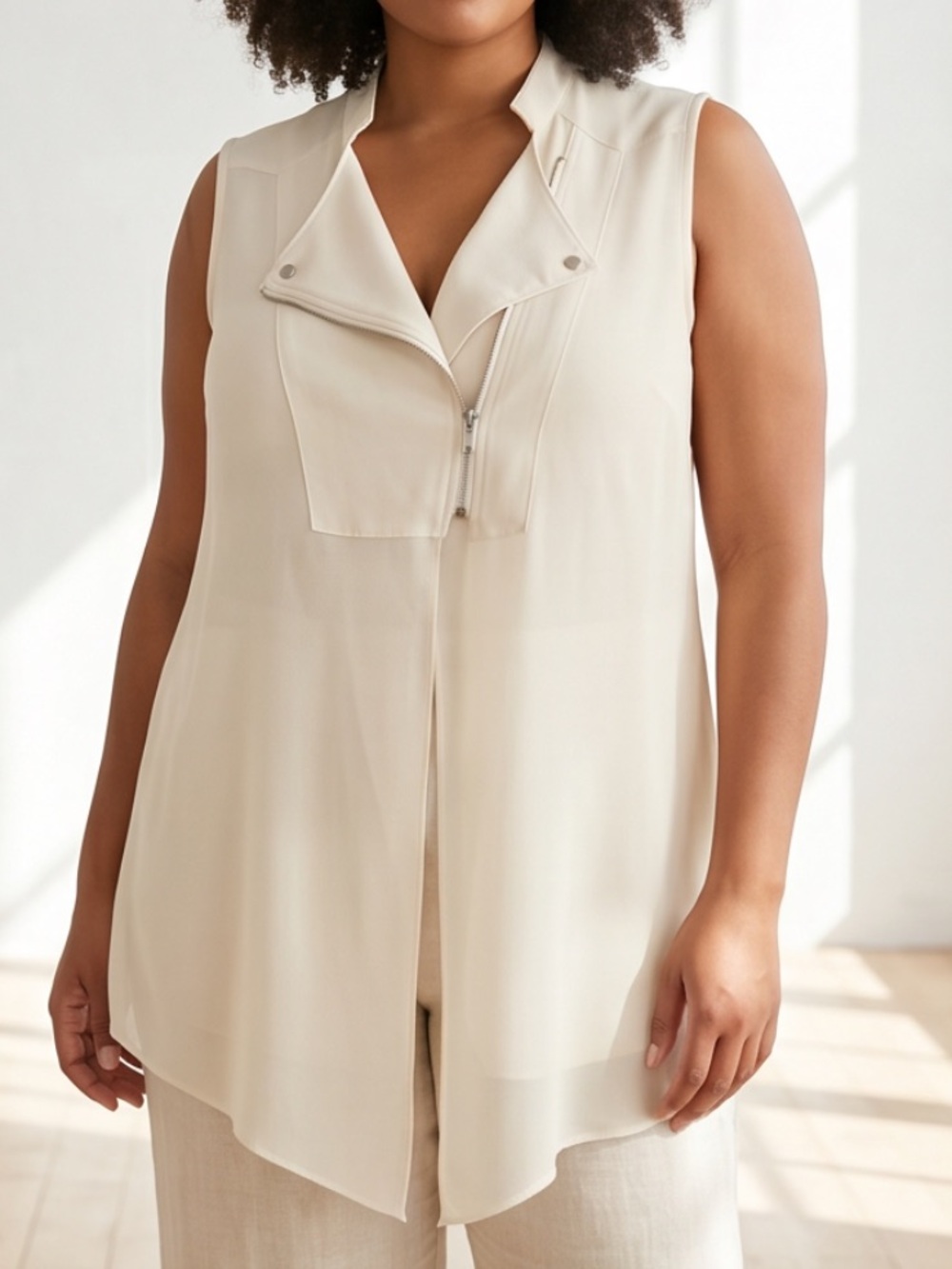 Picadilly Fashion Cream Notch Zip-Front Sleeveless Camisole